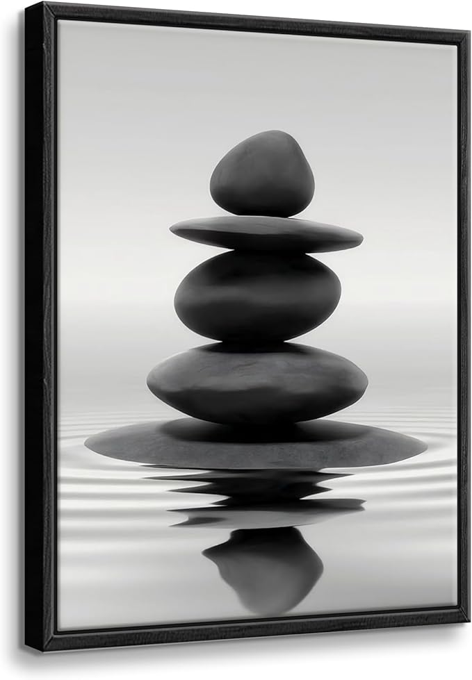 DCMVJHZV Framed Black and White Bathroom Wall Art Zen Stones in the water Bathroom Wall Art Yoga Meditation Picture Wall Decor Spa Room Bedroom Living Room Wall Painting Print (16"x24")