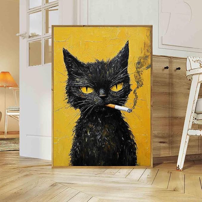 Black Cat Canvas Wall Art Smoking Cat Picture Abstract Animals Prints Vintage Cats Poster Retro Animal Prints Animal Portrait Painting Funny Cats Posters Funky Living Room Decor 16x24inch No Frame