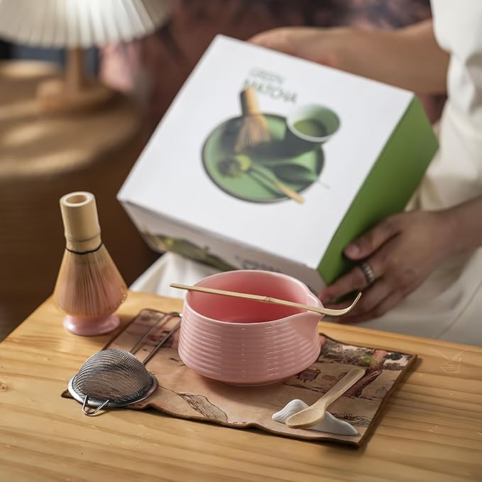 8 Pcs Matcha Whisk Set, Ceramic Matcha Whisk Holder, Ceramic Bowl with Spout, Matcha Ceremony Accessory, Home Kitchen Decor Tea Gifts for Birthdays, Halloween and Christmas (Pink)