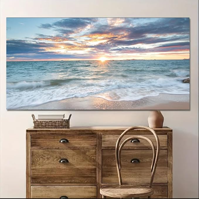 Yxbhhym-Beach Sunset Wall Art Coastal Wall Décor Seascape Canvas Prints Ocean Wall Picture for Living Room Decor Waves Sea Poster Landscape Painting Bedroom Wall Art Office Artwork Home Decorations