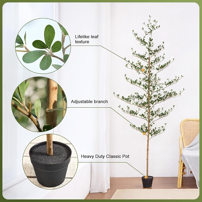 Artificial Black Olive Tree 7FT Indoor Outdoor Decor Faux Plants - Real Wood Trunk Fake Tree with Green UV Resistant Leaves - Tall Floor Plant for Modern Home Office Living Room Decoration