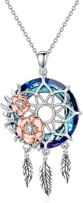 Dream Catcher Pendant Necklace 925 Sterling Silver Synthetic Moonstone Crystal Sunflower Rose Flower Evil Eye Dreamcatcher Cremation Jewelry Gifts for Women Wife Mom