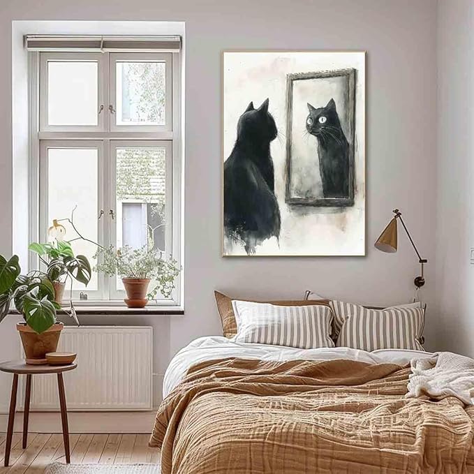 Funny Black Cat Wall Art Retro Cats Poster Black And White Animal Prints Quirky Animal Canvas Cat Mirror Wall Art Fanciful Vintage Farmhouse Painting Aesthetic Living Room Decor 16x24inch No Frame