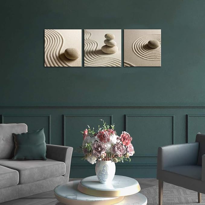 Artsbay 3 Piece Canvas Wall Art Zen Stone and Sand Giclee Print Artwork Calm Peaceful Still Life Picture Painting Modern Spa Room Wall Poster Decor Framed for Home Office Bedroom Bathroom Decoration