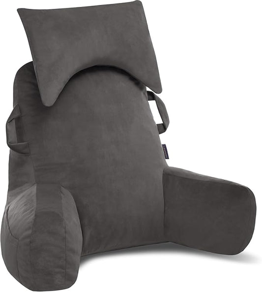 Portable Reading Pillows with Headrest for Bed Sitting Up(Light Grey Oeko-Tex), Velvet Back Pillow with Arms & Pockets for Adults, Support Memory Foam Bed Pillow for Dorm/Watching/Gaming