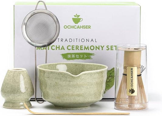 Matcha Set, Japanese Tea Set Includes Matcha Bowl with Spout, Matcha Whisk Holder, Bamboo Matcha Whisk and Bamboo Scoop, 17 oz Mottled Green Glaze Ceramic Matcha Kit for Tea Lovers