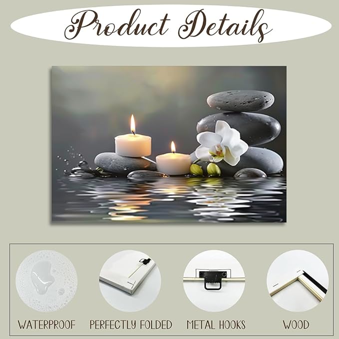 CGXLB Zen Stone Wall Art Candles & Orchid Painting Serene Water Decor for Spa Bathroom Bedroom Meditation Room 24"x36"