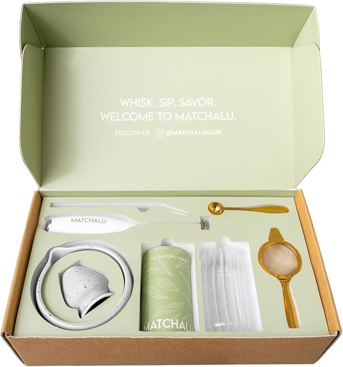 Matcha Whisk Set With Ceramic Matcha Bowl, Bamboo Whisk & Holder, Stainless Steel Spoon & Sifter, Glass Cup & Straw, Electric Frother, Storage Bag - Gift for Matcha Lovers (Premium 9-Piece Set White)