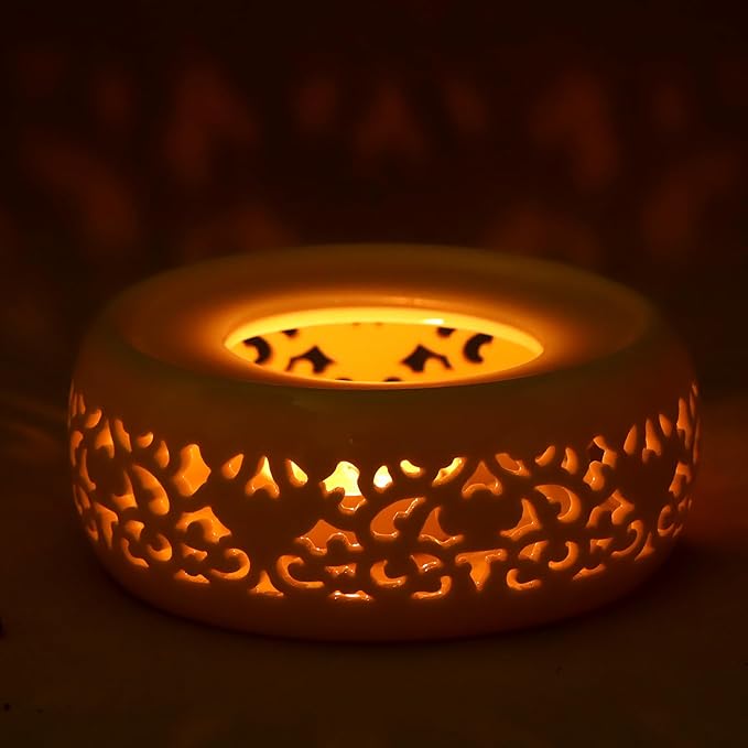 KAYCROWN Teapot Warmer, Ceramic Tea Warmer with Tealight Holder, Teapot Heater for Heating Tea, Coffee, Milk, Tea Light Warmer (White)