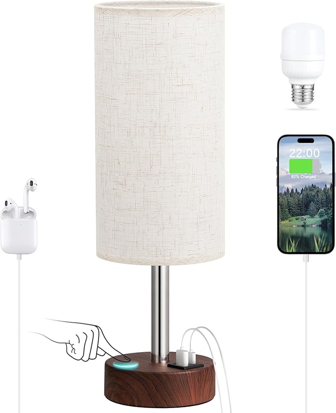 Touch Bedside Table Lamp with USB - 3 Way Dimmable Redwood Lamps for Bedroom Nightstand, Desk Lamp with Charging Station for Dorm, Living Room, Office, Kids Room, Nursery