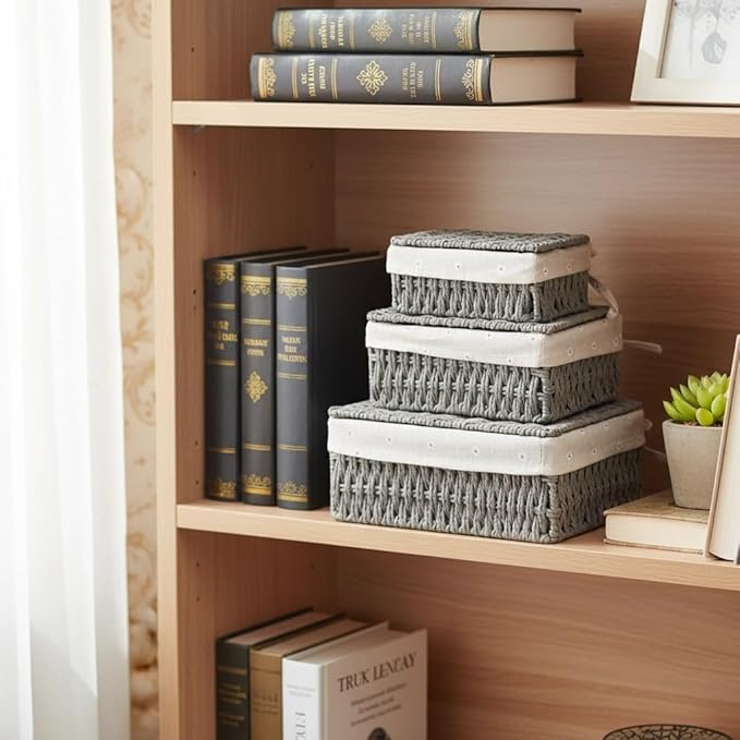 3PCS Wicker Basket with Lid Paper Rope Storage Baskets for Shelf Baskets Storage Bins with Lid and Removable Liner Makeup Bathroom Closet Drawer Desk Organizer Shelf Baskets (Grey)