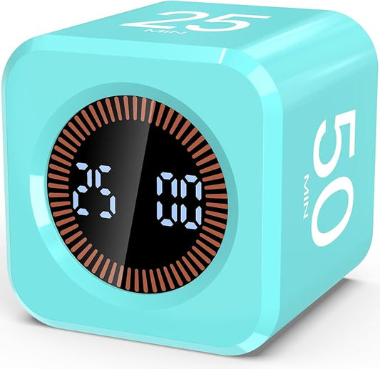 Pomodoro Timer Cube Visual Productivity Flip Timer for Kids Classroom Desk, 5/10/25/50min& Custom Countdown, Silent&Sound Mode Digital Cube for ADHD Study Work School Game Kitchen (Mint Green)
