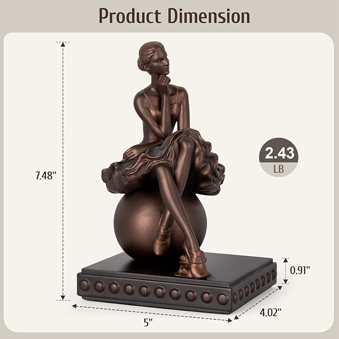 Seated Ballerina Figurines, Ballerina Dancer Statues Resin Sculpture Vintage Home Decor, Ballet Dance Girl Ornament for Shelves Home Office Decor (Bronze)
