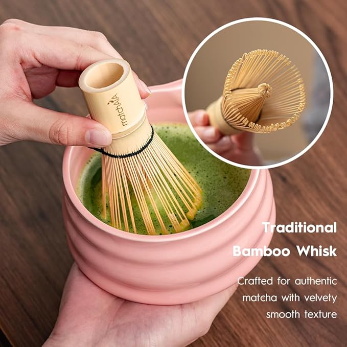 Matcha Whisk Set - Ceramic Bowl, Bamboo Whisk with Holder, Sifter, Schima Spoon, Spoon Rest and Tea Towel - 7 Pcs Complete Kit for Traditional Matcha and Modern Lattes (Pink)
