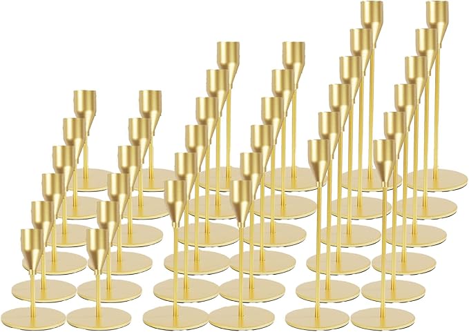 Matte Gold Candle Holders Bulk Painted Gold Metal Candlesticks Fit 0.8 Inch Taper Candles Decorative Metal Candelabra for Wedding Home Holiday Anniversary Party Dinning Table Decors (Set of 36)