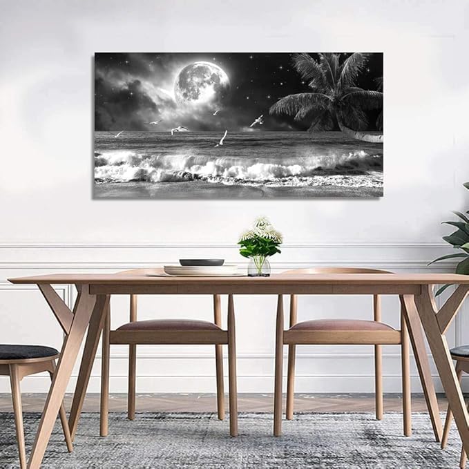Yxbhhym large Black and White Wall Art Beach Canvas Print Art Moon Ocean Pictures Sea Paintings Seascape Poster Landscape Palm Artwork for Wall Art Living Room Home Decoration Framed-24x48inches
