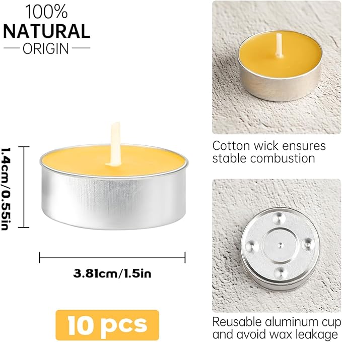 10 Pcs Beeswax Tealight Candles in Aluminum Cup, 4-Hour Extended Burn Time Tea Lights, 100% Pure Natural Beeswax Tea Candles, Perfect for Home Decor, Air Purification,Gift