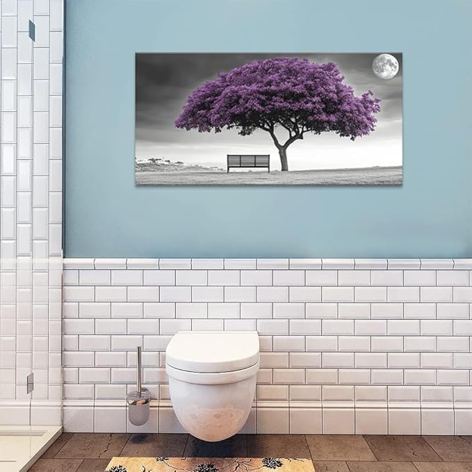 ZESTRILIA Country Purple Tree Wall Art for Living Room Office Violet Gray Moon Canvas Painting Prints Artwork Dining Bedroom Decor (40x20 Inches)