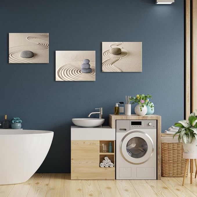 Apicoture Zen Stone Canvas Wall Art Zen Stone Sand Prints Canvas Art Calm Peaceful Still Life Wall Art for Spa Room Decor Framed 12x16inchx3pcs