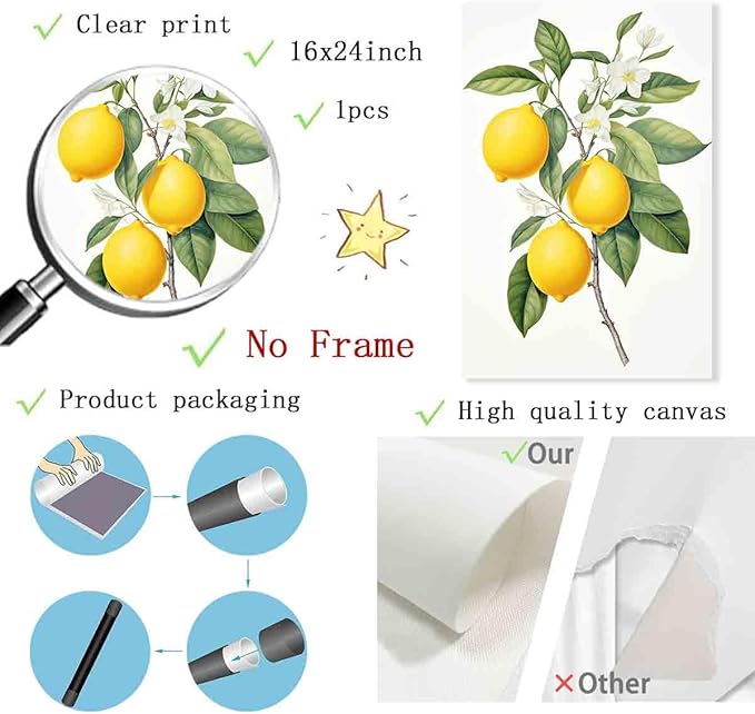 Lemon Tree Canvas Wall Art Still Life Kitchen Prints Fruit Market Canvas Vintage Botanical Fruit Abstract Wall Art Citrus Fruits Prints Still Life Painting Kitchen Picture Room Decor 16x24inch No Frame
