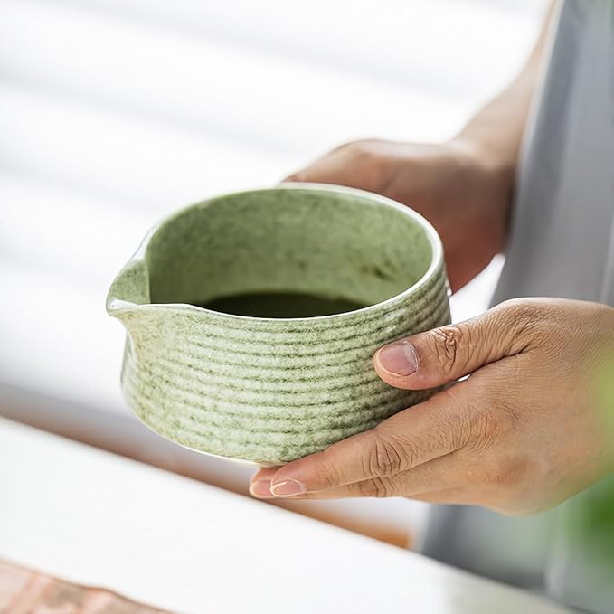 8 Pcs Matcha Whisk Set, Ceramic Matcha Whisk Holder, Ceramic Bowl with Spout, Matcha Ceremony Accessory, Home Kitchen Decor Tea Gifts for Birthdays, Halloween and Christmas (Greenish Color)