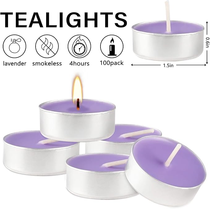 Purple Scented Tealight Candles - 100 Pack Votive Candles Bulk - Lavender Fragrance Tea Light Candle Gift Set for Holiday, Wedding and Home - 4 Hour