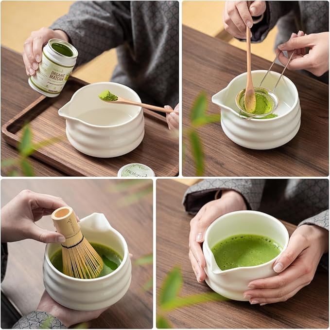 Matcha Whisk Set - Ceramic Bowl, Bamboo Whisk with Holder, Sifter, Schima Spoon, Spoon Rest and Tea Towel - 7 Pcs Complete Kit for Traditional Matcha and Modern Lattes (White)