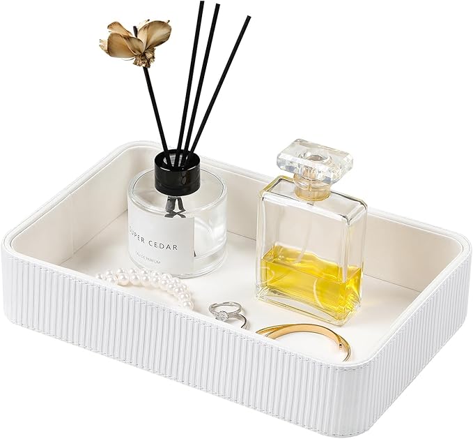 PU Leather Valet Tray Organizer, Modern Nightstand Organizer Bedside Desktop Storage for Womens and Men, Decorative Perfume Trinket Catchall Vanity Tray for Key Watch Wallet (White)