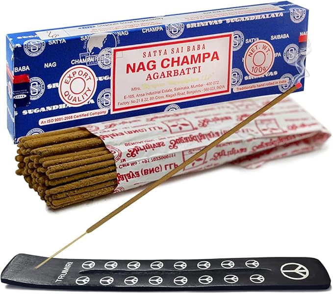 TRUMIRI Incense Stick Holder Bundle with Satya Sai Baba Nagchampa 100g Incense Sticks - Pack of 1 (Approx 100 Sticks)