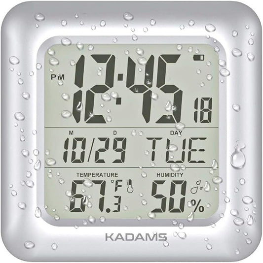 KADAMS Bathroom Clock 9.5" Kitchen Wall Clock with Large LCD Screen – Shower Clock with Suction Cup,Temperature, Humidity, Calendar – Water-Resistant, 4 Mounting Options, Silver