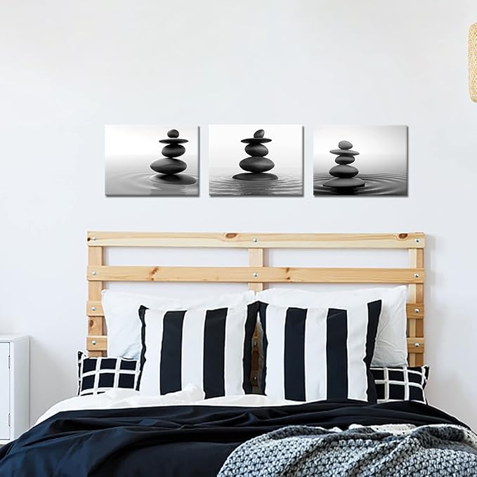 Apicoture Zen Stone Wall Art - Black and White Zen Stones Poster Canvas Wall Decor for Spa Room Bathroom Home Decorations 12"X 16"X 3 Pieces