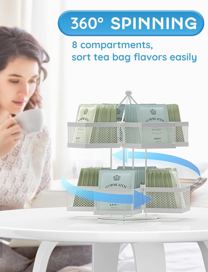 VOGWOLTH Tea Bag Organizer, Tea Bag Storage Holder Spinning Carousel 96 Teabags Container, Lazy Susan Coffee Creamer Sweetener Tea Caddy for Kitchen Counter Cabinet Pantry Shelf Organizer