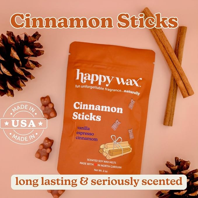 Happy Wax Cinnamon Collection Scented Natural Soy Wax Melts – 6 Total Oz. of Scented Wax Melts, Collection Includes Cinnamon Sticks, Pumpkin Spice Latte and Cinnamon Chai