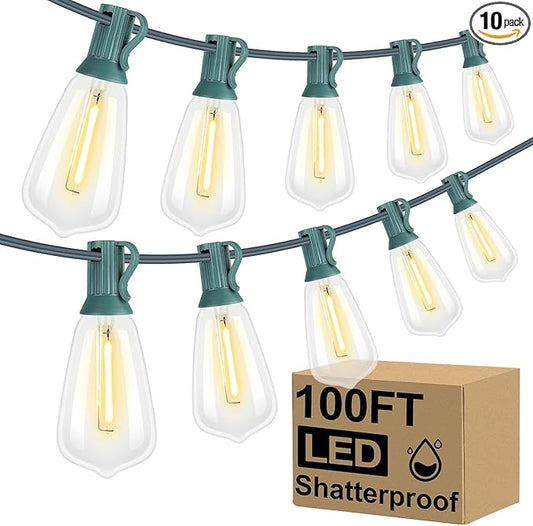 Brightever LED Outdoor String Lights 100FT with 52 Shatterproof ST38 Vintage Edison Bulbs, Outside Hanging Lights Waterproof for Patio, Porch, Deck, Garden, Backyard, Balcony, Green Wire