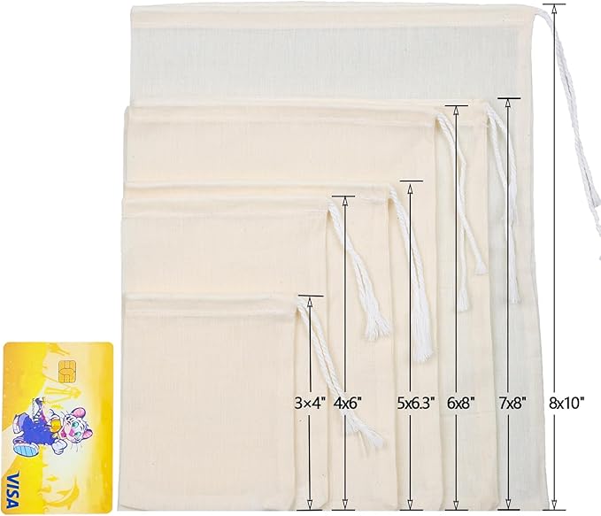 10Pcs Reusable Tea Filter Bag, Soup, Bone Broth Brew, Spice, Muslin Strainer, Natural Unbleached Cotton Cheesecloth Bags for Cold Brew Coffee (6x8inch)
