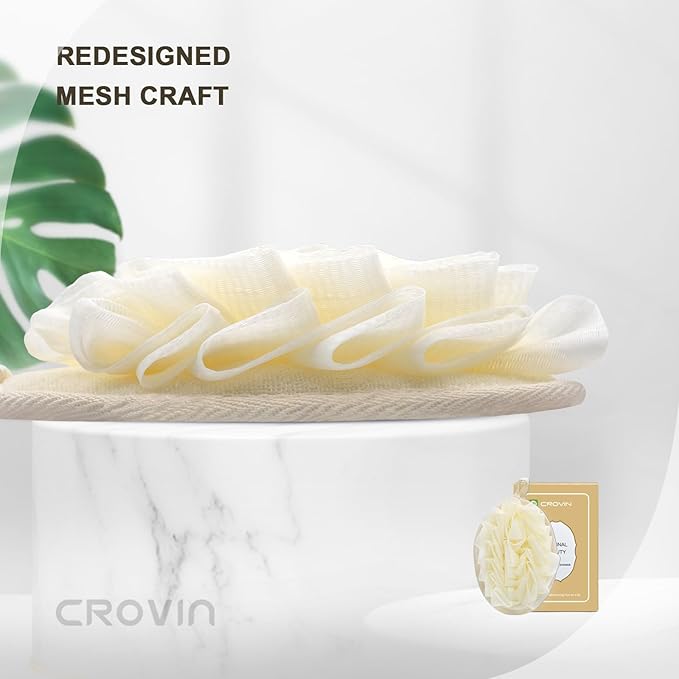 Shower Puff 4 Pack Bath Sponge Shower Loofahs Pouf Large 7x5 Premium Exfoliating Mesh Puffs for Women and Men-Elastic Hand Strap Body Brush to Soothe, Cleanse Your Skin