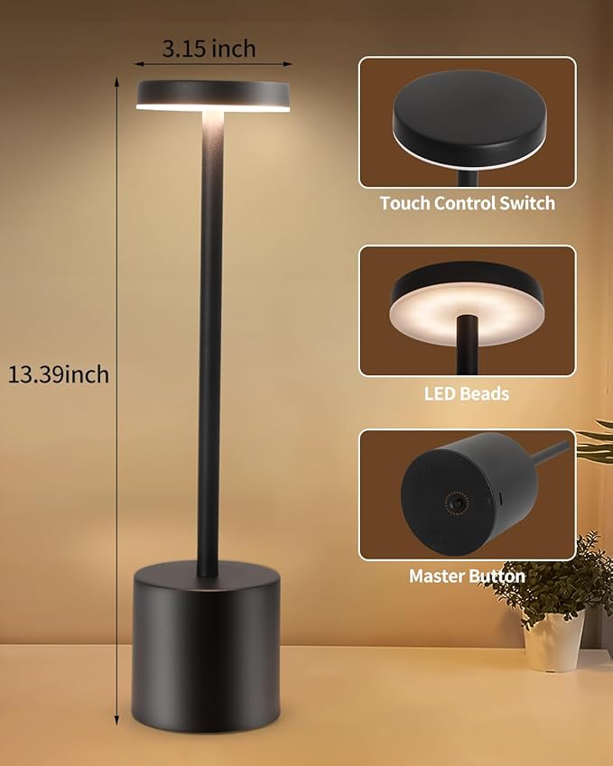 LED Cordless Table Lamp Set of 2, Portable 5000mAh Rechargeable Table Lamps, Touch Control Outdoor Table Lamp, 3 Color Dimmable Cordless Table Light For Dinner, Patio, Bedroom, Restaurant - Black