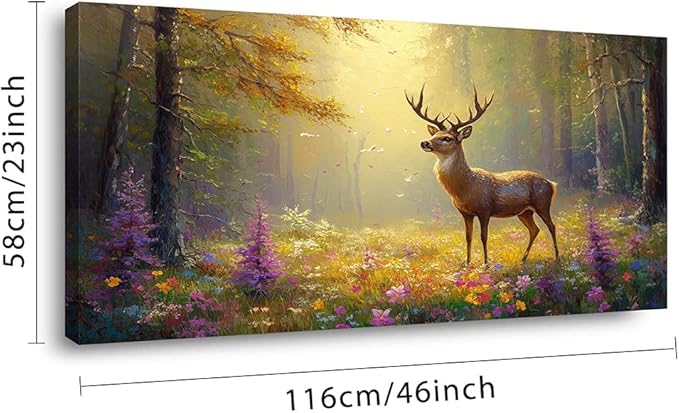 ZESTRILIA Pretty Deer Forest Wall Art for Living Room Office Gold Mustard Yellow Wildlife Wildflower Canvas Painting Prints Spring Wild Life Artwork Girls Bedroom Decor Large (46x23 Inches)