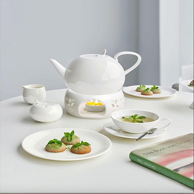 KAYCROWN Teapot Warmer, Ceramic Tea Warmer with Tealight Holder, Teapot Heater for Heating Tea, Coffee, Milk, Tea Light Warmer (White)