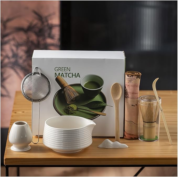 8 Pcs Matcha Whisk Set, Ceramic Matcha Whisk Holder, Ceramic Bowl with Spout, Matcha Ceremony Accessory, Home Kitchen Decor Tea Gifts for Birthdays, Halloween and Christmas (Black)