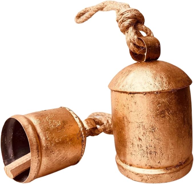 Rustic Decorative Bells Set of 2 - Giant Harmony Cow Bells Huge | Handmade Vintage Christmas Bells Golden Cowbell Country Style Jute Rope Hanging Bell Wall Decor (2X Harmony Bells 4"-6")