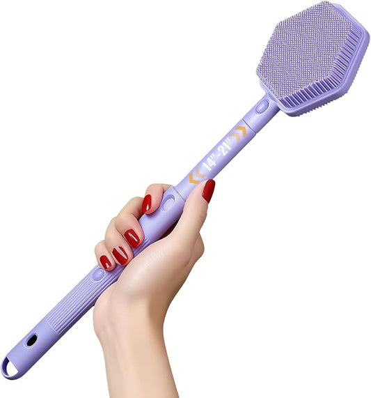 Silicone Back Scrubber for Shower – 21in Extendable Shower Brush with Long Handle – Dual-Sided Back Brush with Non-Slip Grip, Gentle Cleansing & Exfoliation for Men, Women, Elderly (Purple)
