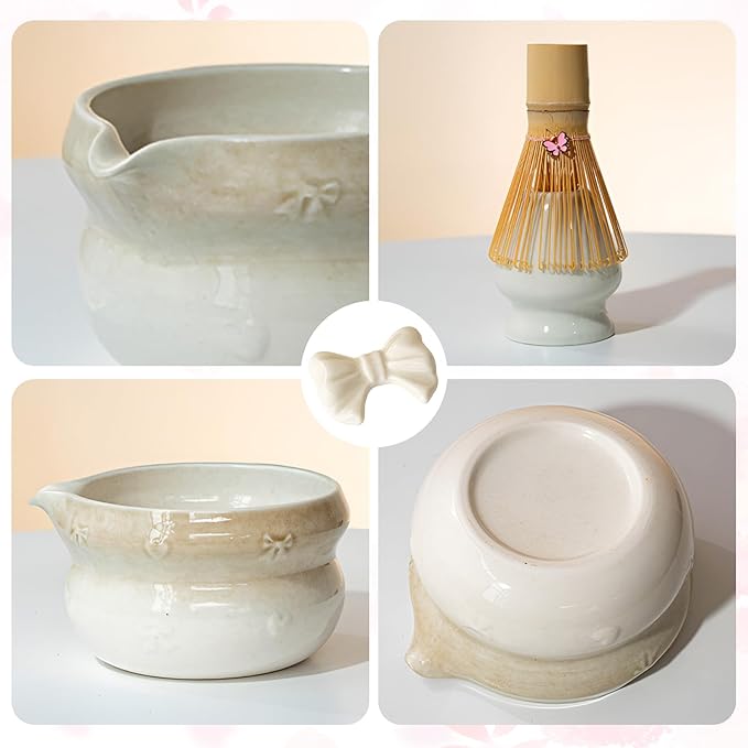 Matcha Whisk Set, 8 PCS Ceramic Set Includes 15-OZ Matcha Bowl with Spout, Bamboo Tea Whisk and Stand, Scoop and Spoon. Matcha Kit for Matcha Lovers and Beginners (white)