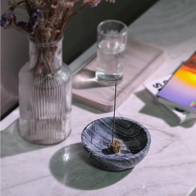Koville Natural Marble Incense Holder, Incense Holders for Sticks, Sturdy Incense Burner Ash Catcher, Ideal for Meditation, Relaxing, Easy to Clean(Wooden Black)