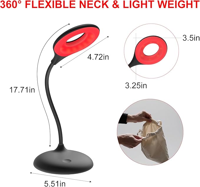 Red Light - No Blue Light Lamp - Modern LED Rechargeable Table Lamp - Rechargable Desk Lamp - Table Lamp for Whole House - Bedside Touch Lamp - No Flicker LED (630nm Red), Black