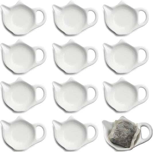 Ceramic Tea Bag Coaster Tea Bag Holder Set of 12 for Used Tea Bag Teapot Shaped Tea Bag Saucers - Keep Your Tea Time Tidy and Organized, White