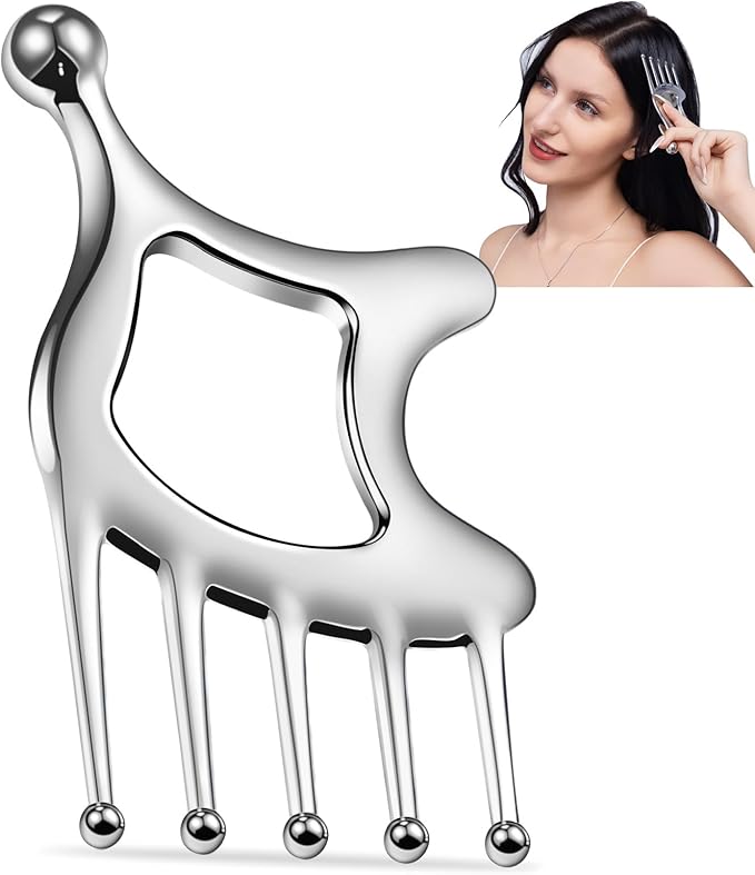 Metal Gua Sha Facial Tools, Portable Scalp Massage Tool, 5 in 1 Massage Comb for Head, Neck, Shoulders, Legs & Arms Hand Held Head Massager for Deep Relaxation and Relieving Fatigue & Pain, Home SPA