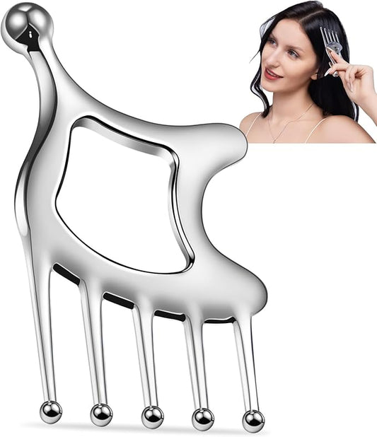 Metal Gua Sha Facial Tools, Portable Scalp Massage Tool, 5 in 1 Massage Comb for Head, Neck, Shoulders, Legs & Arms Hand Held Head Massager for Deep Relaxation and Relieving Fatigue & Pain, Home SPA