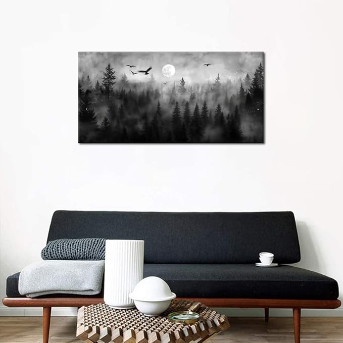 ZESTRILIA Forest Wall Art Black & White Moon Night Retro Canvas Prints Modern Rustic Paintings Nordic Artwork Landscape Picture for Country Farmhouse Living Room Bedroom Home Office Décor (28x58inch)
