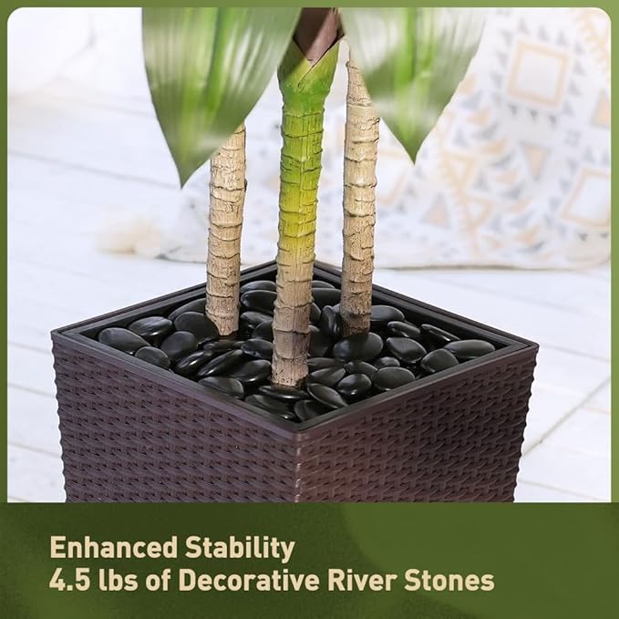 Artificial Dracaena Tree 5FT - Fake Tree with Brown Taper Planter & Pebbles - UV Resistant Faux Yucca Tropical Plant - Artificial Trees for Home Office Living Room Decor Indoor Outdoor